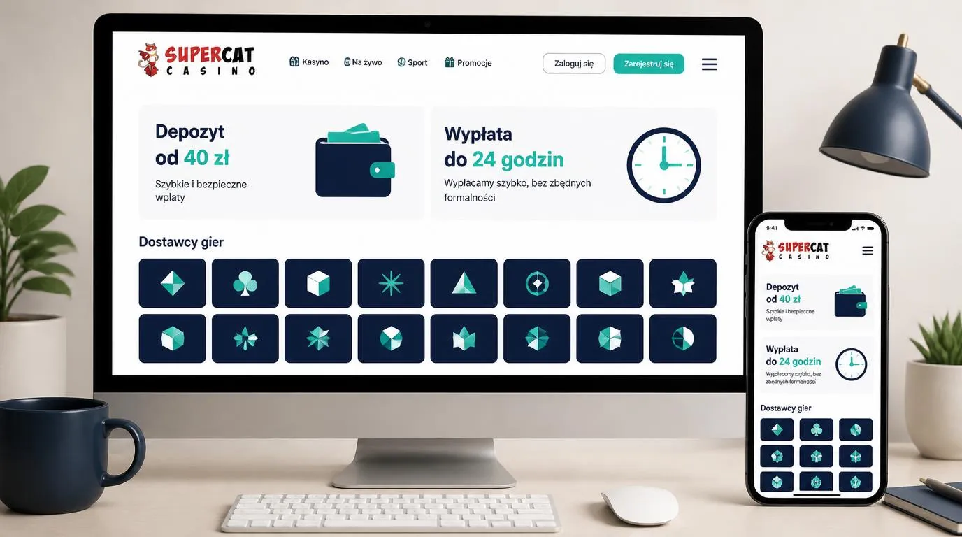 Ilustracyjny panel kasyna z depozytem 40 zł, czasem wypłaty do 24 godzin i kafelkami dostawców gier