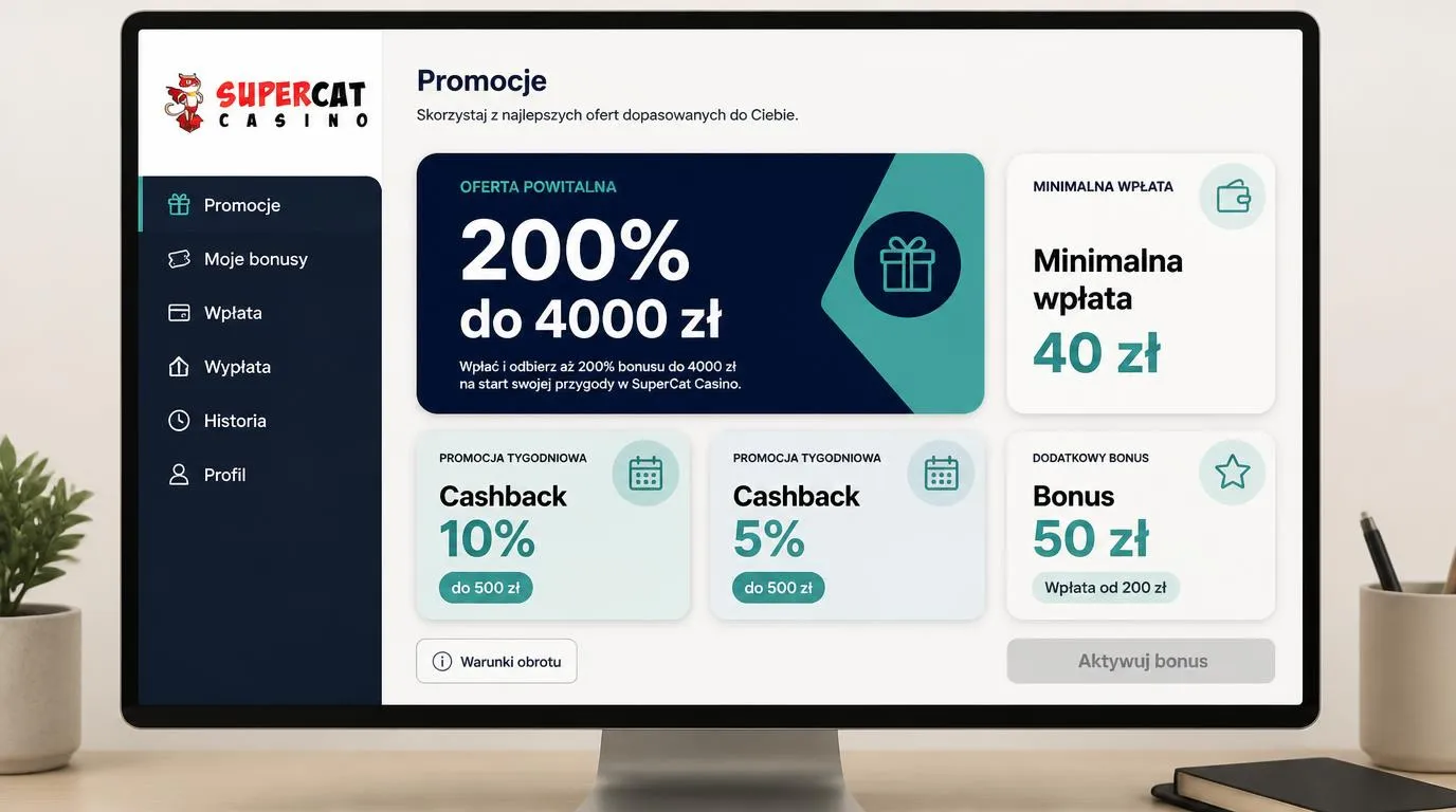 Panel promocji kasyna z bonusem 200% do 4000 zł, minimalną wpłatą 40 zł i kartami cashbacku
